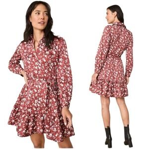 UNTUCKit‎ Women's Red Chessie Floral Stretch Button Down Belted Collar Size 8